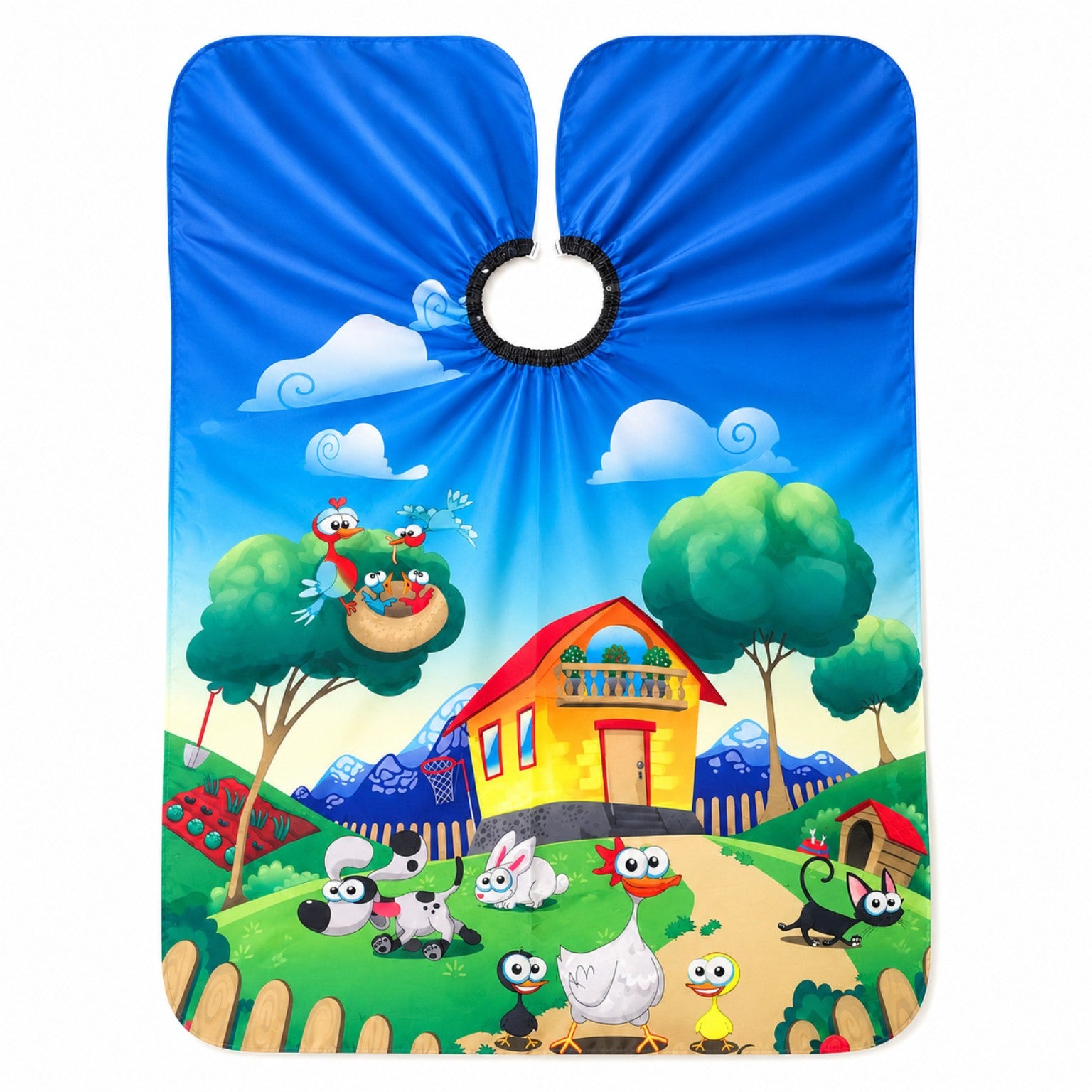 Professional children's barber cape in blue with colorful cartoon farm animals