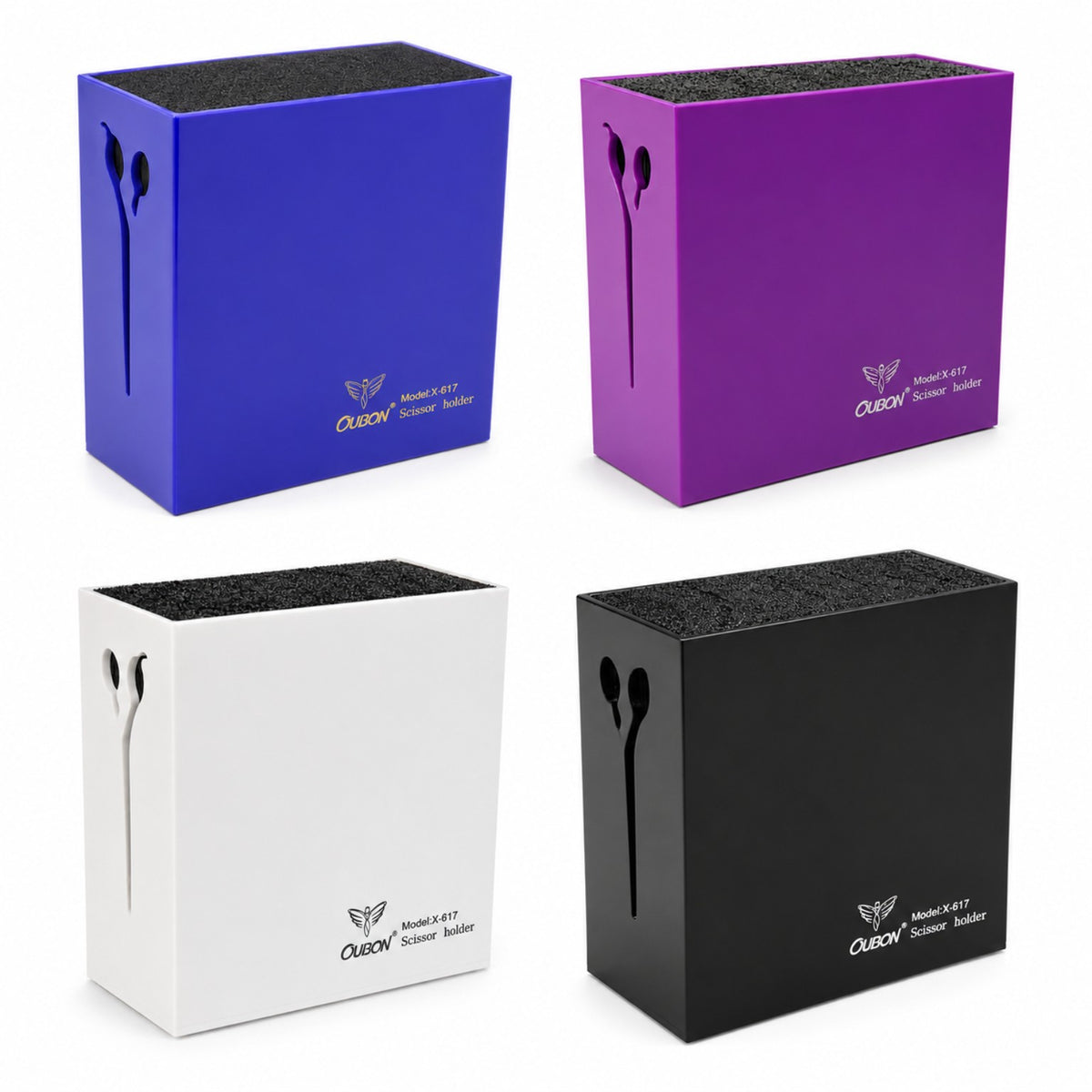 OUBON X-617 professional barber scissor organizer in blue, purple, white, and black.