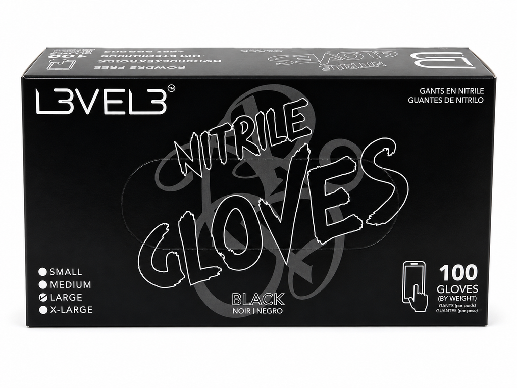 L3VEL3 professional powder-free barber nitrile gloves product image for shop sanitation and service work.