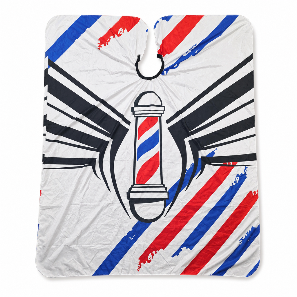 Barber Cape with barber pole design product image for professional haircutting service.