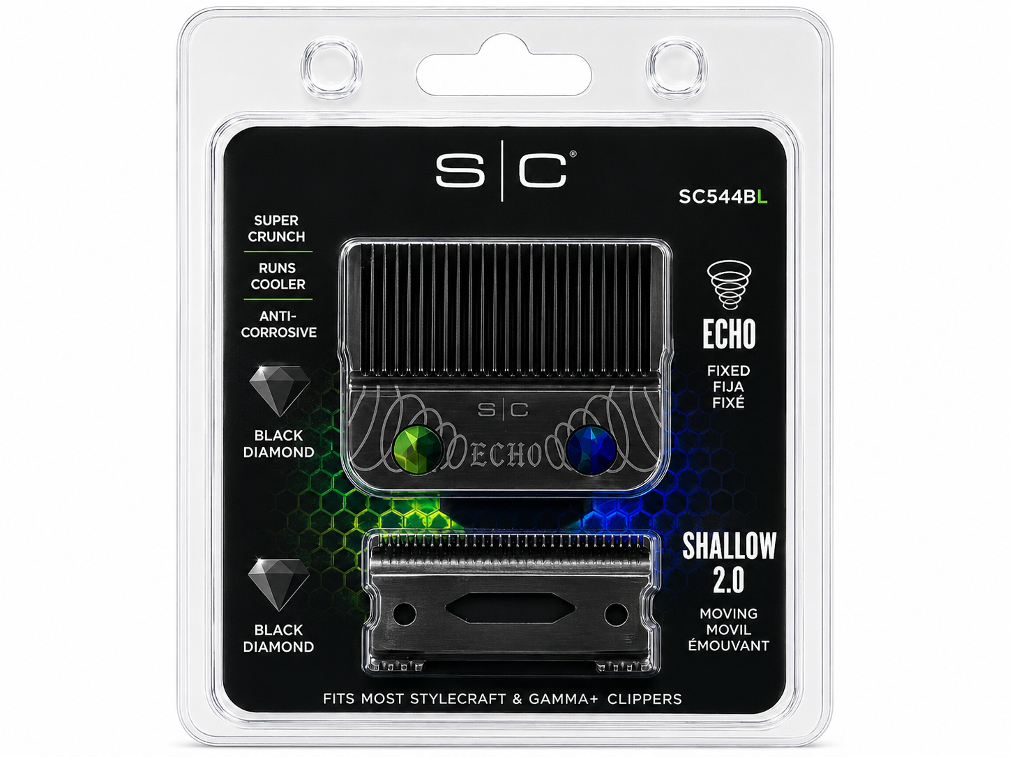 StyleCraft ECHO Faper fixed black diamond carbon DLC clipper blade set product image for clipper maintenance.