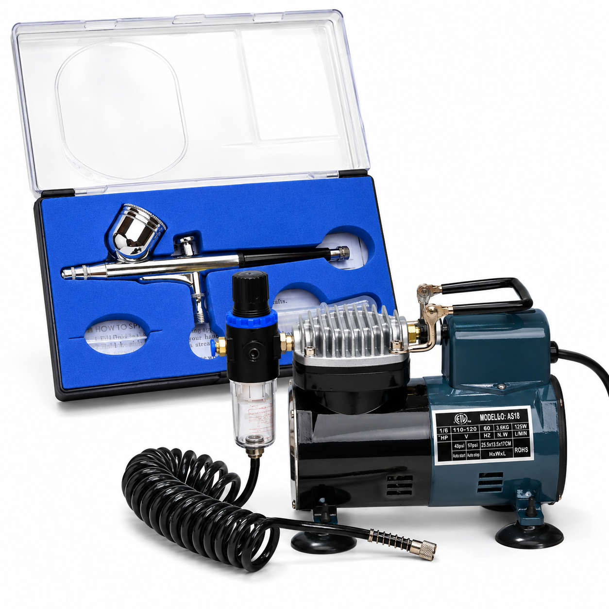 Airbrush Compressor 1/5 HP 125W product image for barber enhancement and grooming work.