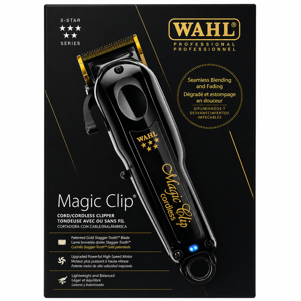 Wahl Professional 5 Star Magic Clip cordless clipper in black product image for barber cutting work.