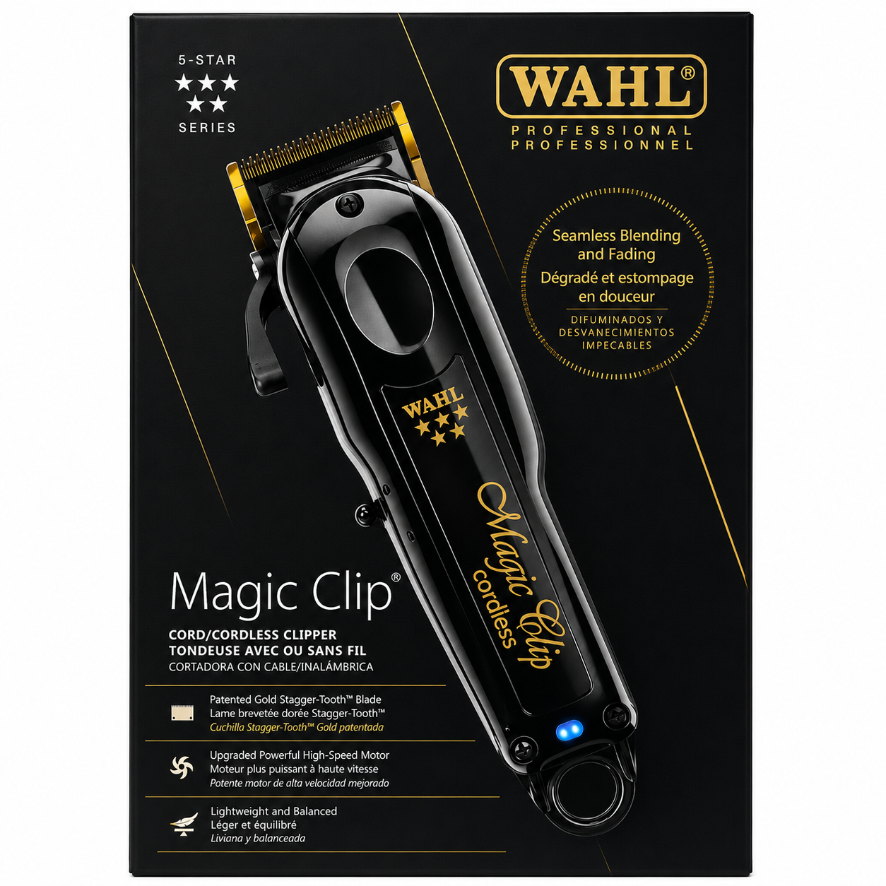 Wahl Professional 5 Star Magic Clip cordless clipper in black product image for barber cutting work.