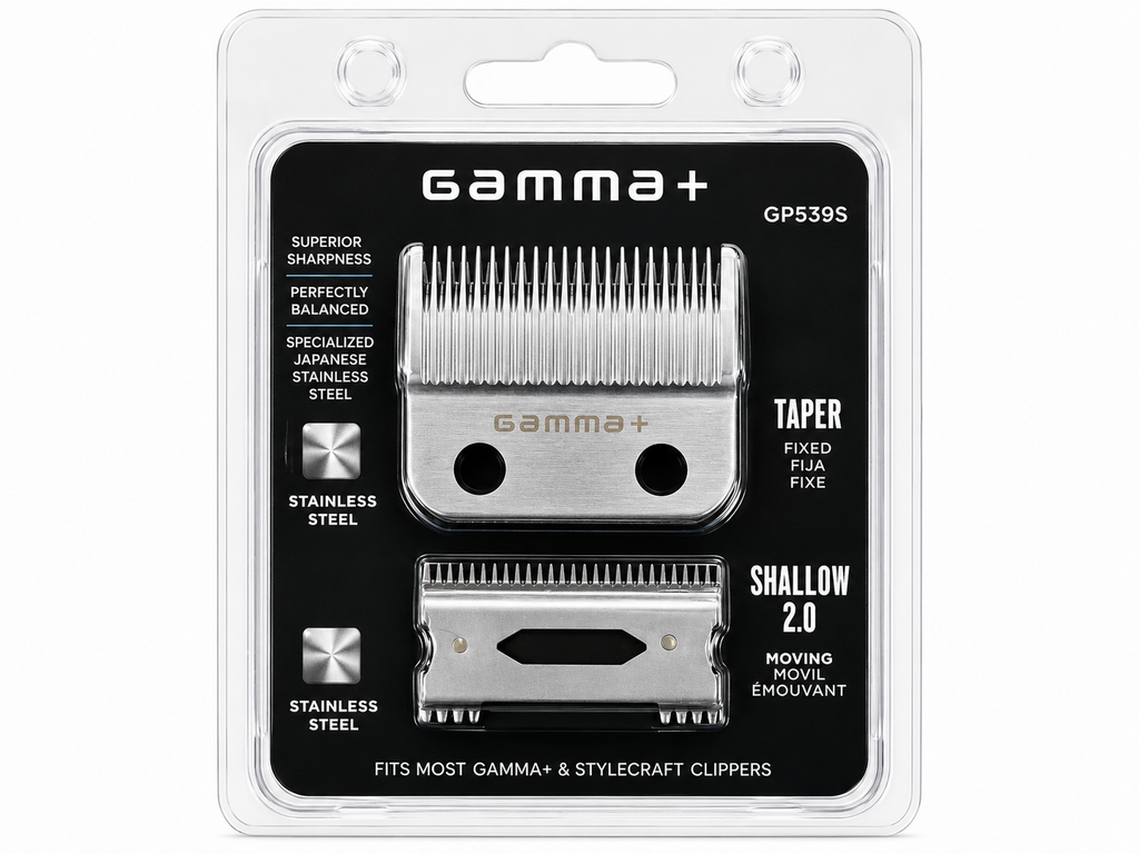 Gamma+ GP539S stainless steel taper blade and shallow 2.0 moving blade set product image for clipper maintenance.