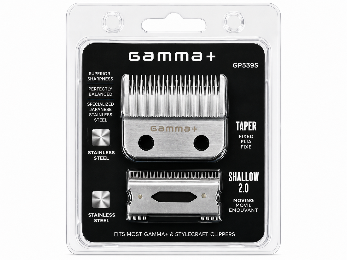 Gamma+ GP539S stainless steel taper blade and shallow 2.0 moving blade set product image for clipper maintenance.
