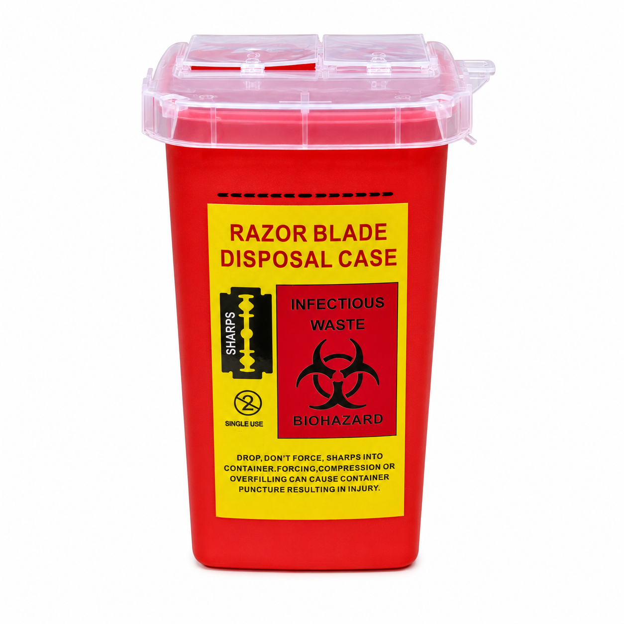 Razor blade disposal container product image for barber station sanitation and blade disposal.