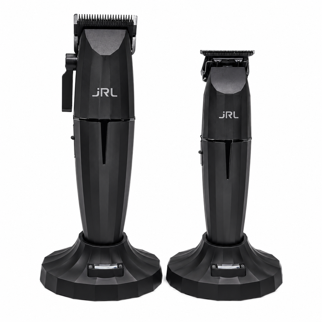 JRL Professional Onyx clipper and trimmer collection with charging base product image for barber station setup.