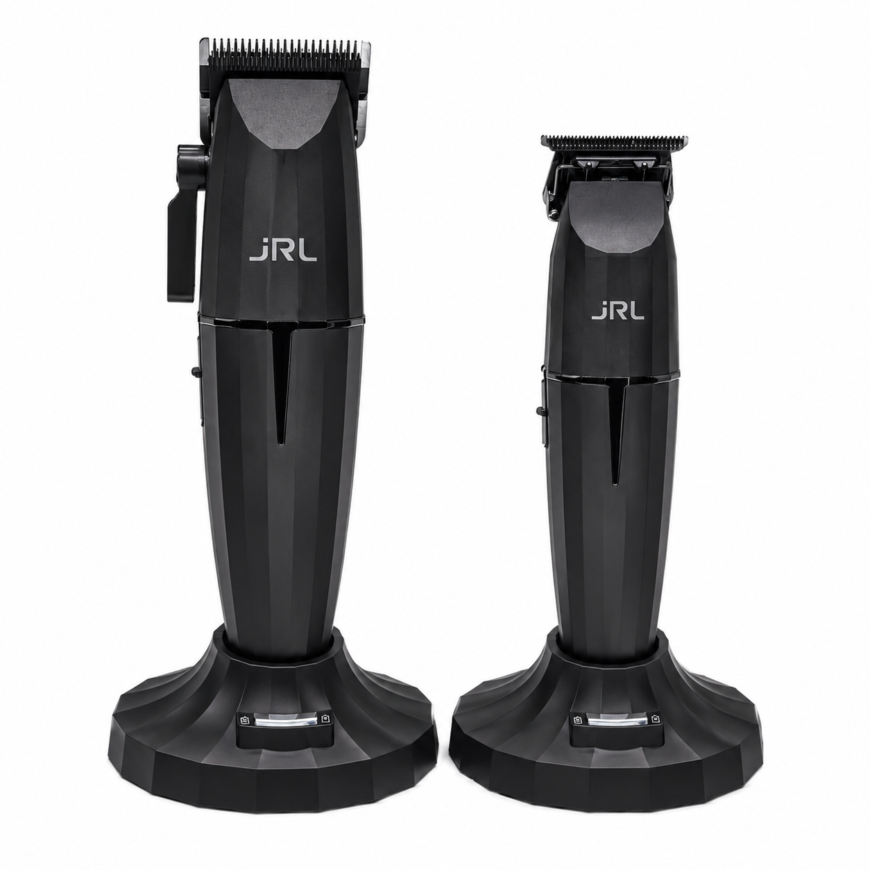 JRL Professional Onyx clipper and trimmer collection with charging base product image for barber station setup.