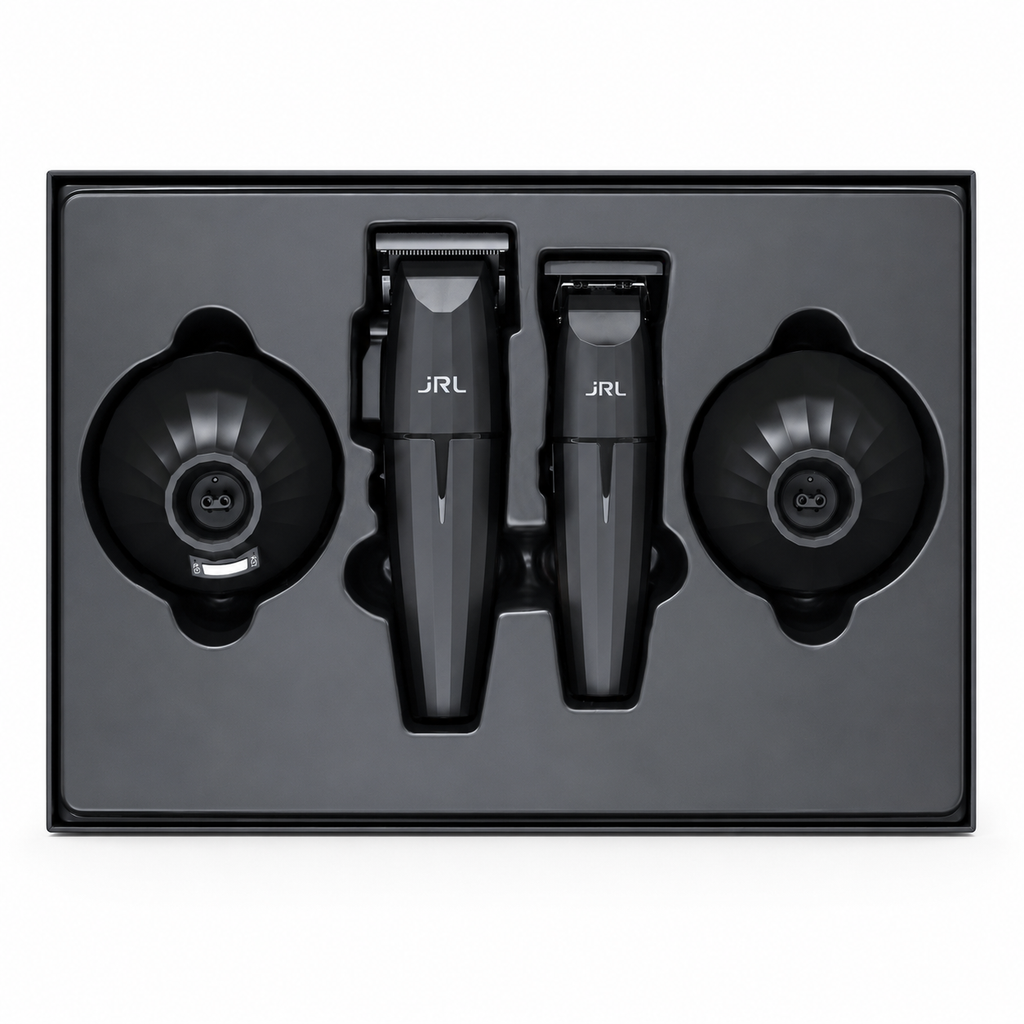 JRL Professional Onyx clipper and trimmer collection with charging base product image for barber station setup.