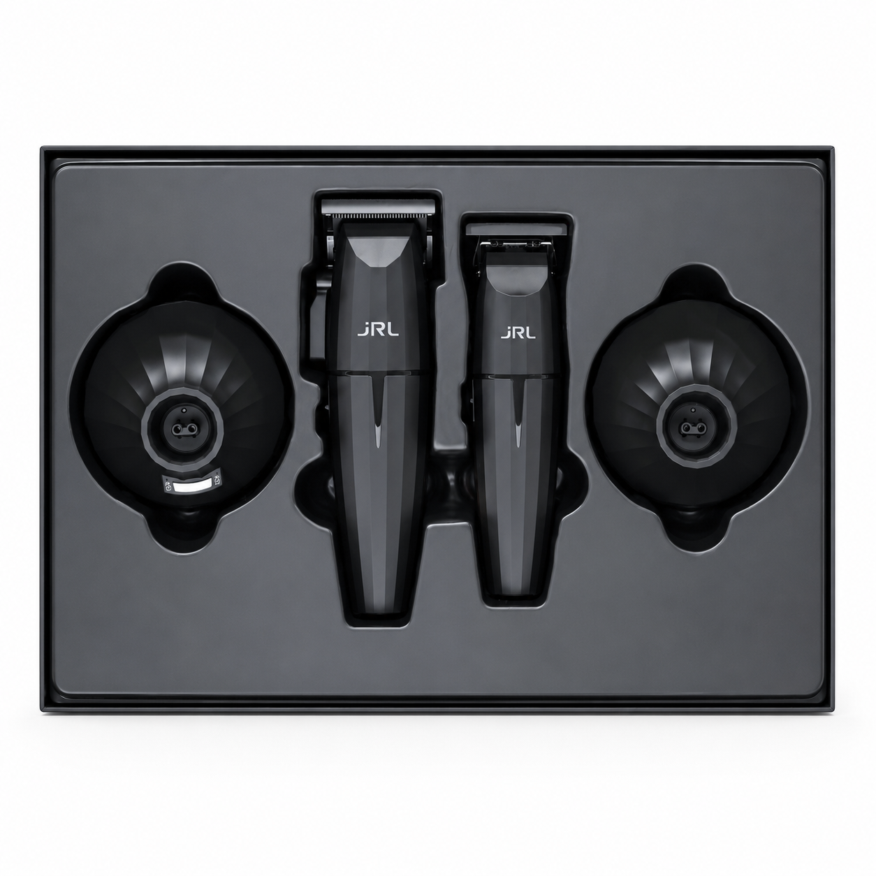 JRL Professional Onyx clipper and trimmer collection with charging base product image for barber station setup.