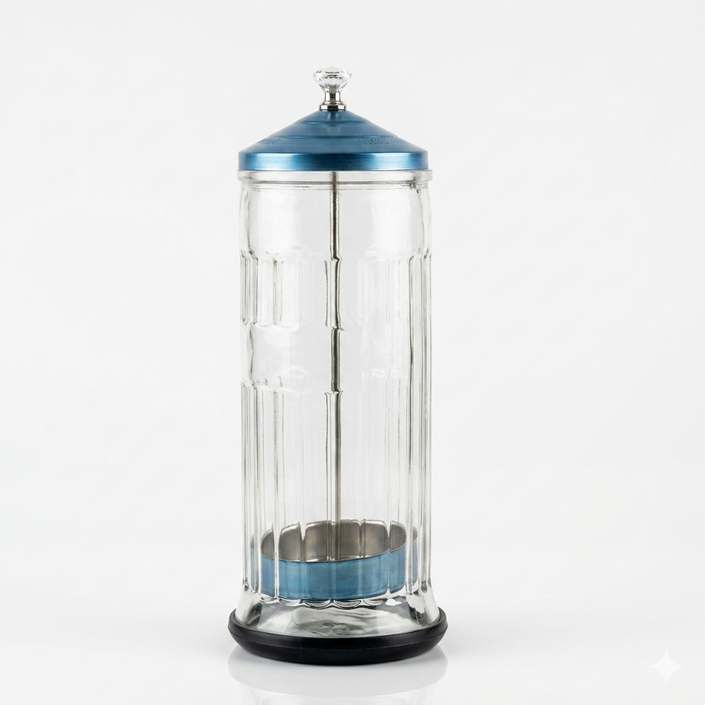 Barber disinfectant jar product image for tool sanitation and station setup.