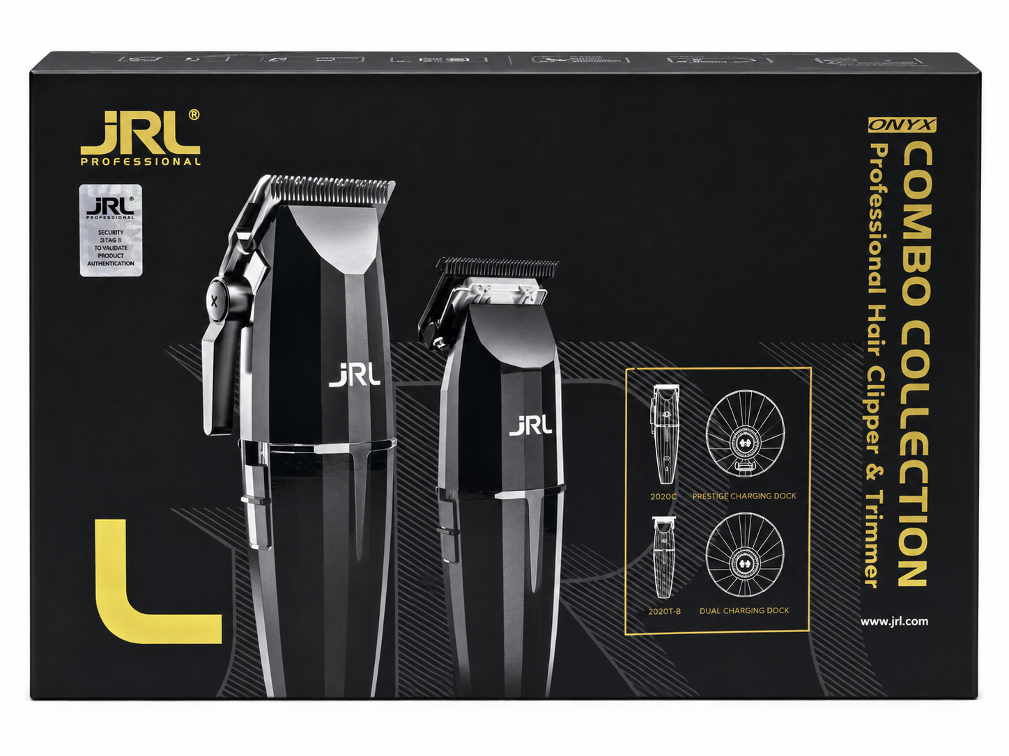 JRL Professional Onyx clipper and trimmer collection with charging base product image for barber station setup.