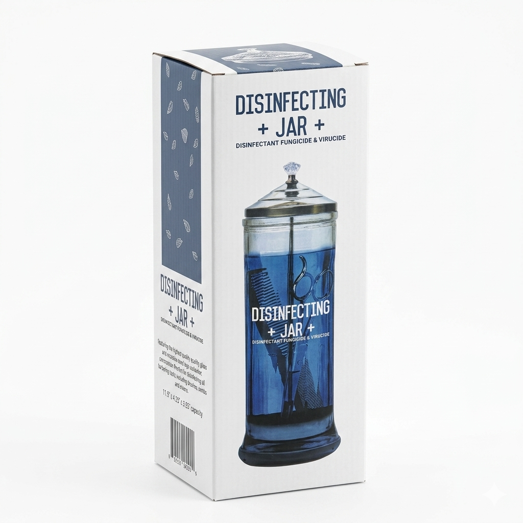 Barber disinfectant jar product image for tool sanitation and station setup.