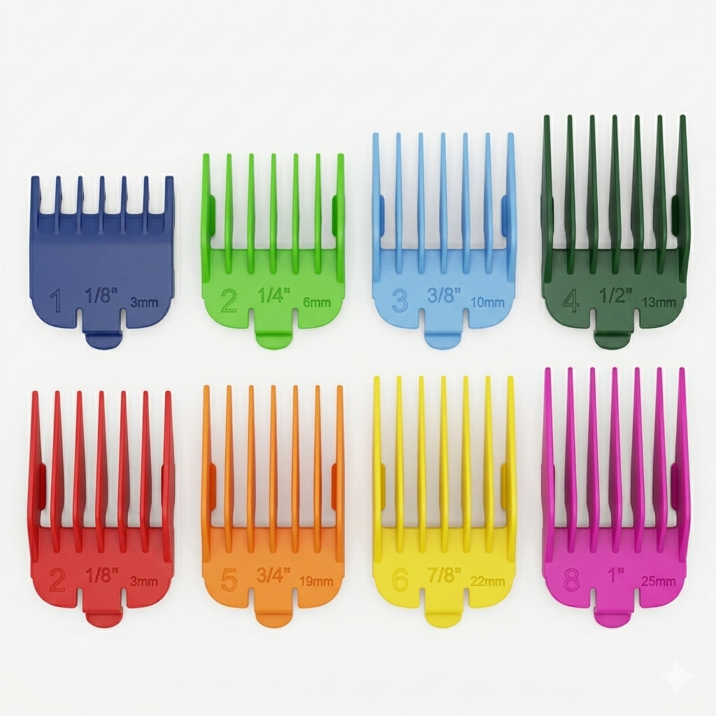 Assorted clipper guards product image for barber cutting and fading work.
