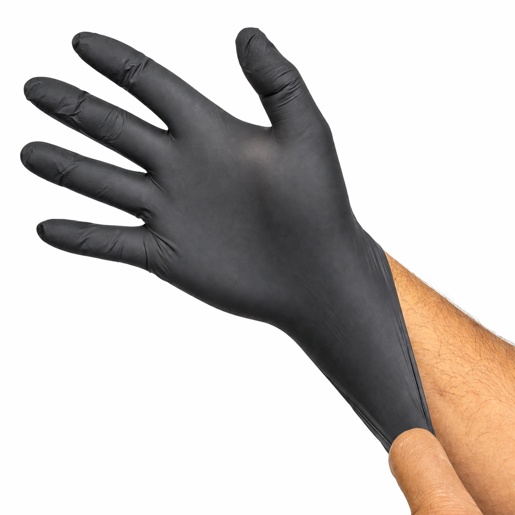 EBTools black nitrile gloves product image for barber and salon sanitation.