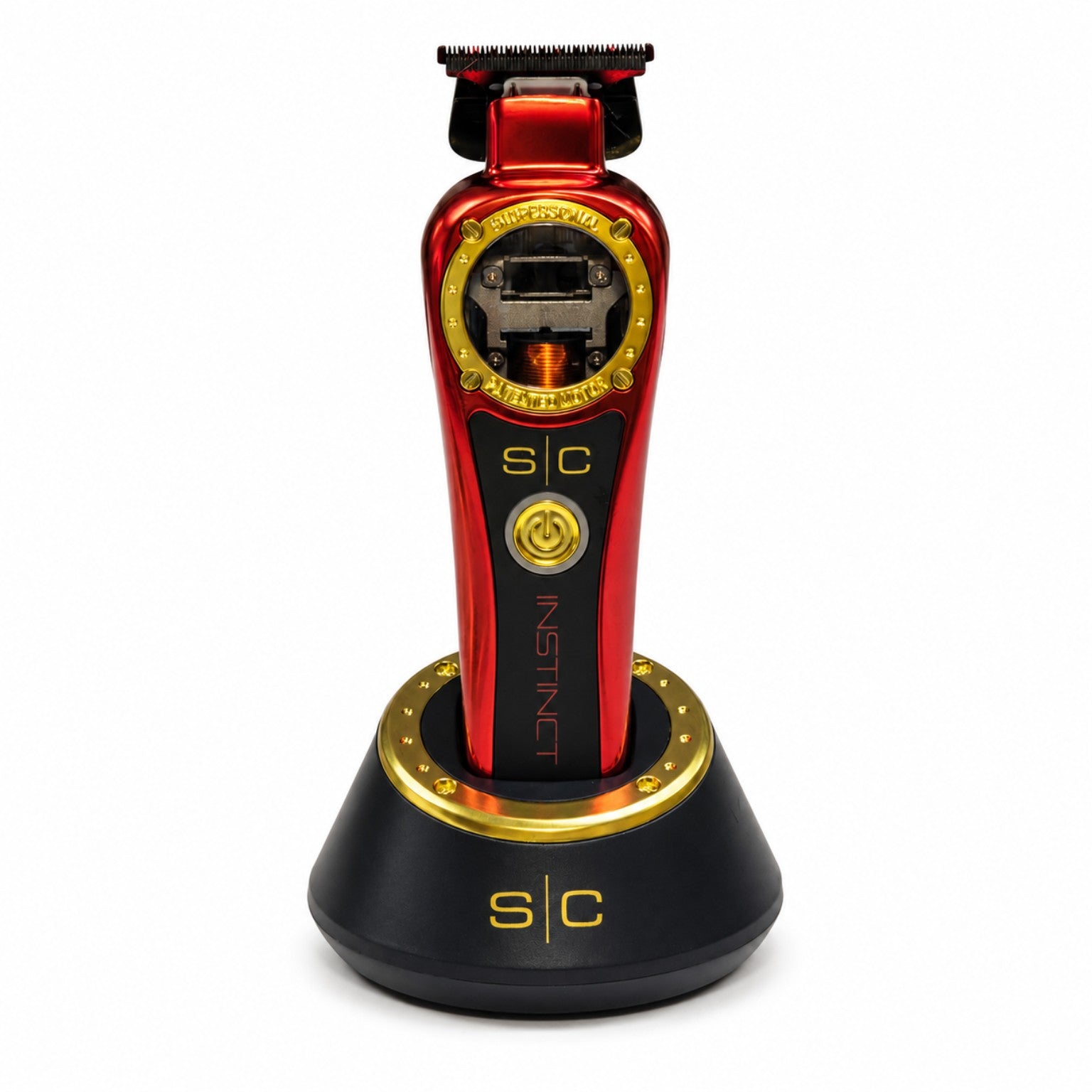 StyleCraft Instinct SC407M cordless trimmer in red on charging stand