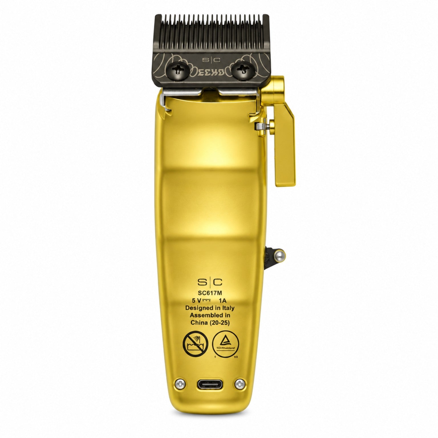 StyleCraft Saber 2.0 Cordless Modular Clipper in Gold back view with model SC617M