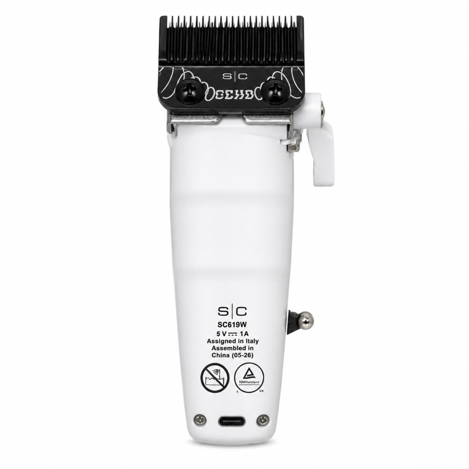 StyleCraft Saber 2.0 Cordless Modular Clipper in White back view with model SC619W