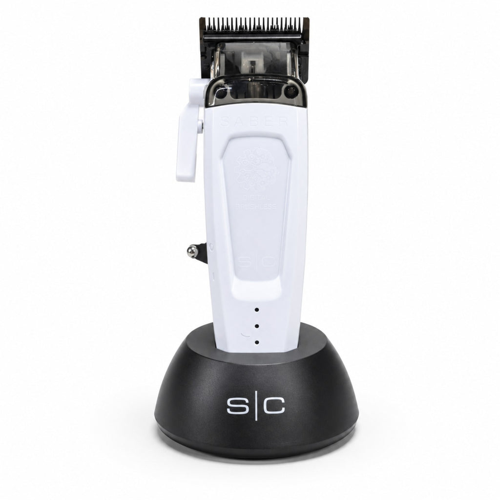 StyleCraft Saber 2.0 Cordless Modular Clipper in White with charging stand