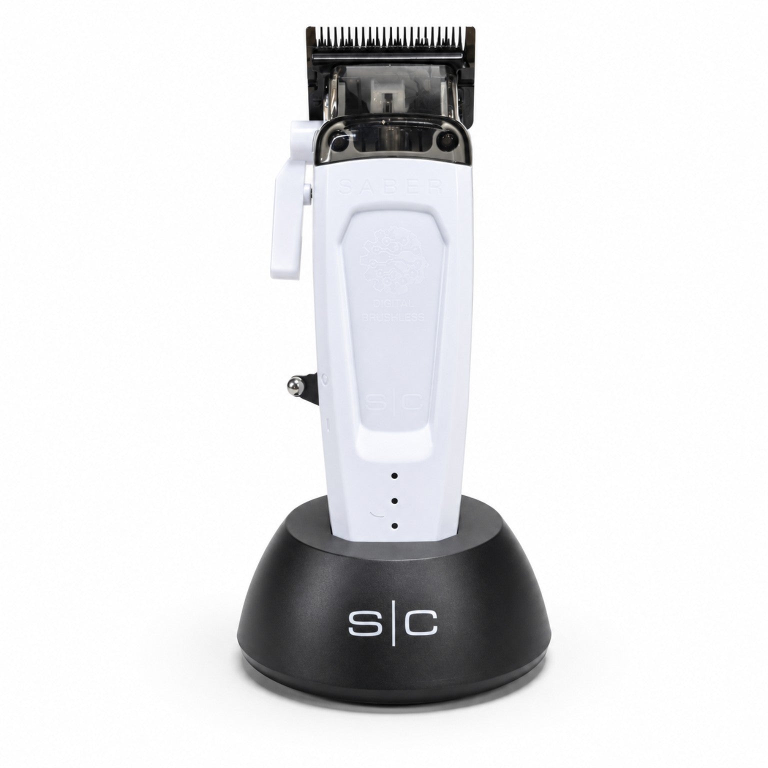 StyleCraft Saber 2.0 Cordless Modular Clipper in White with charging stand