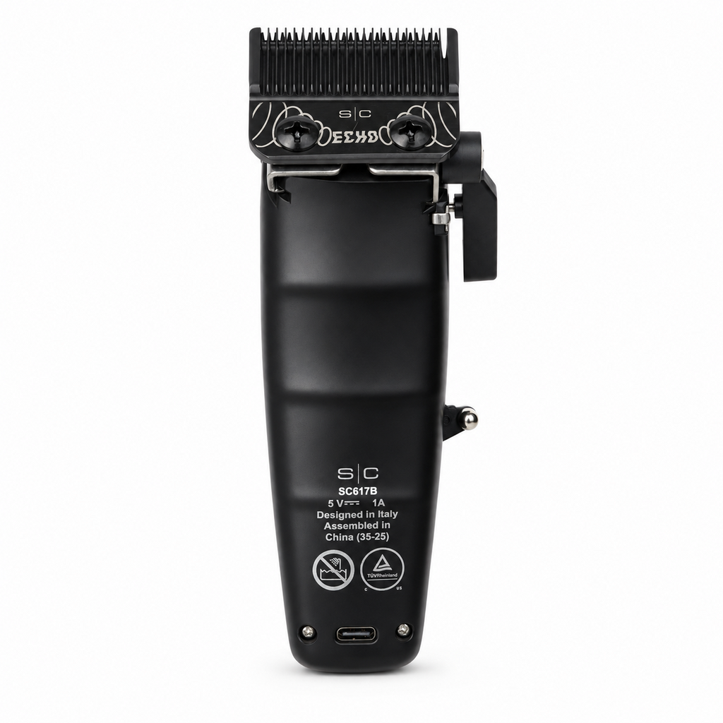 StyleCraft Saber II Professional Metal Clipper in Black back view with model SC617B