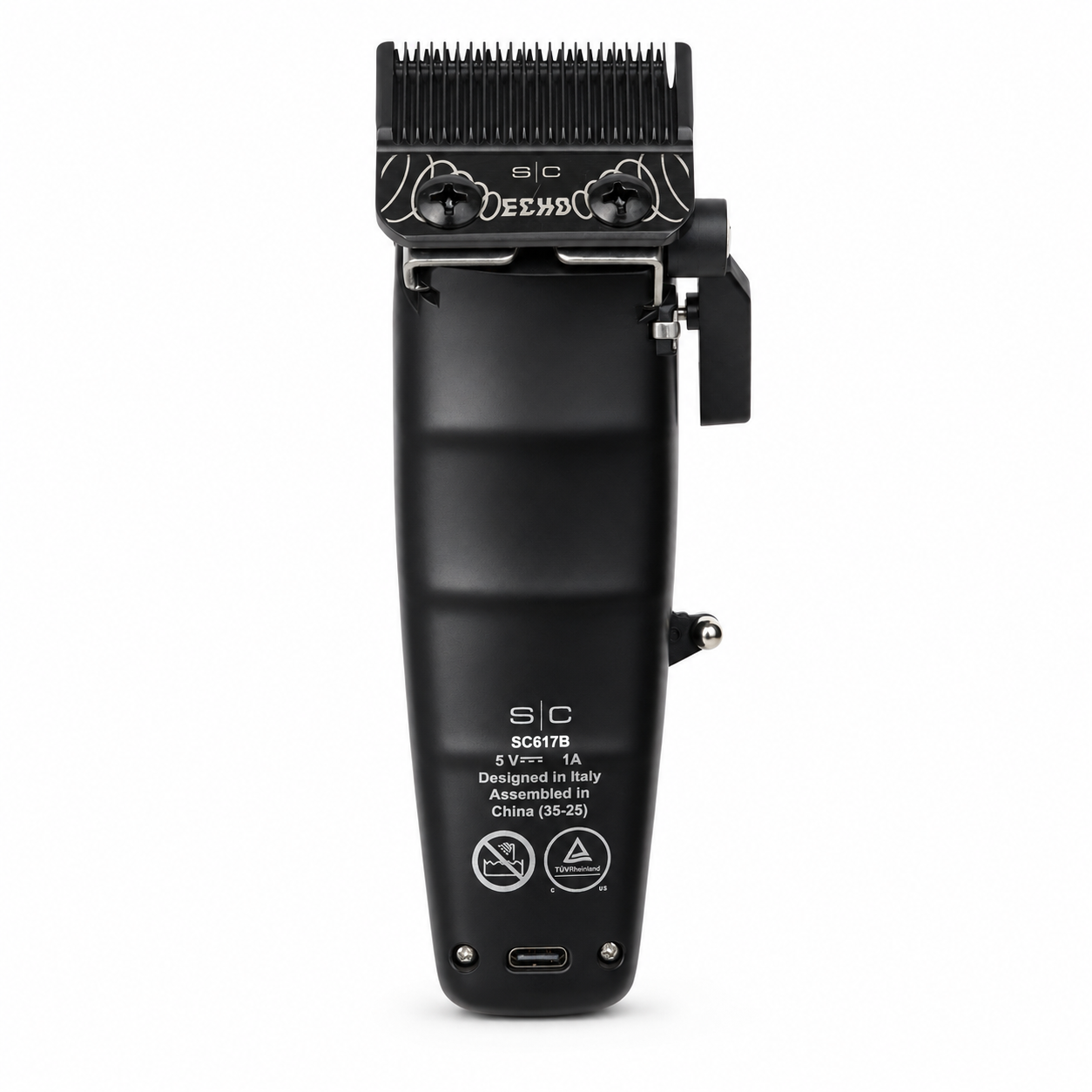 StyleCraft Saber II Professional Metal Clipper in Black back view with model SC617B