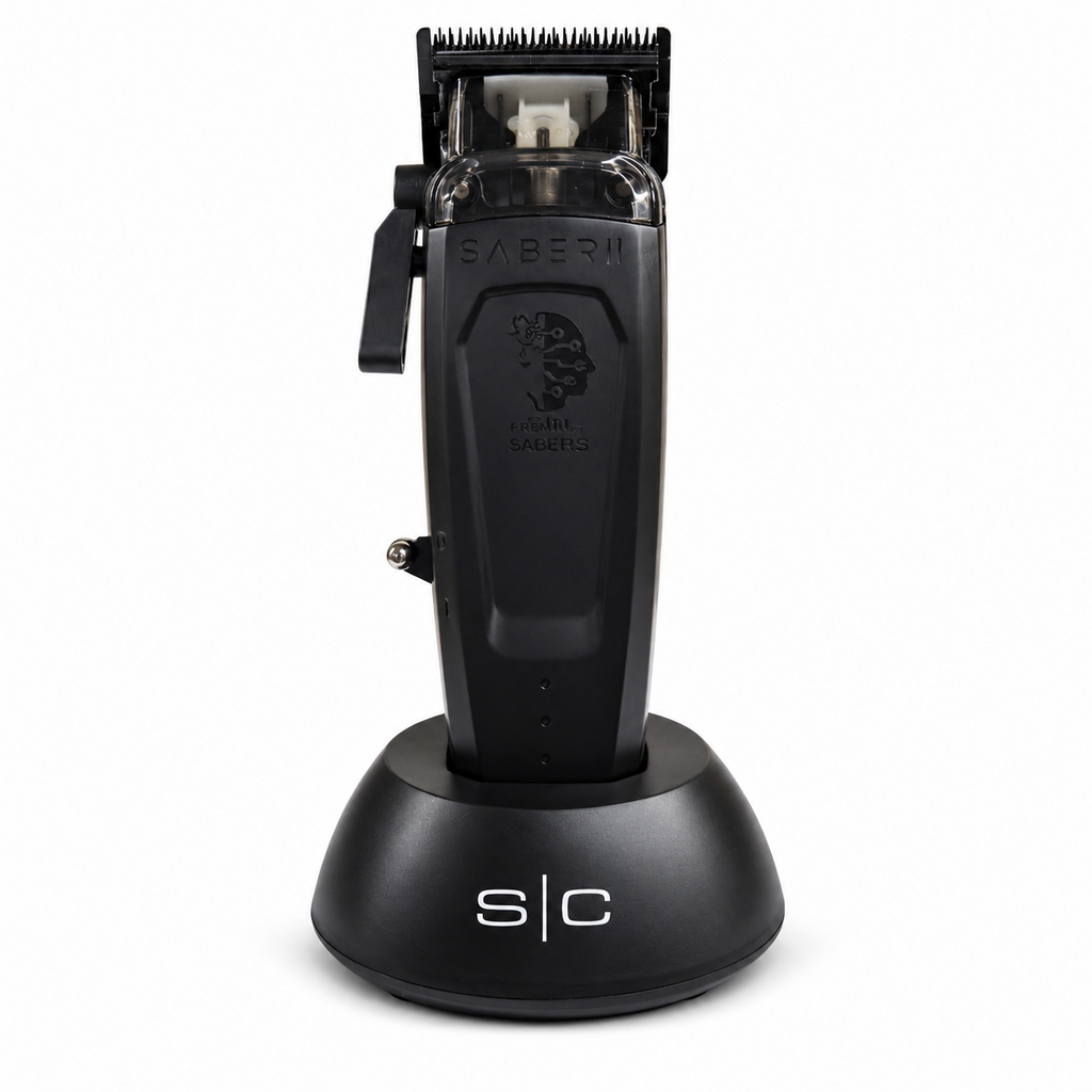 StyleCraft Saber II Professional Metal Clipper in Black with charging stand