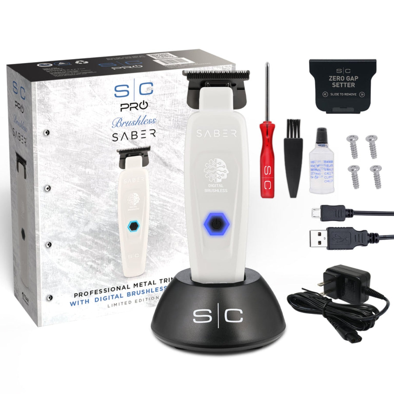 StyleCraft Saber Professional Hair Trimmer in White with charging stand and accessories