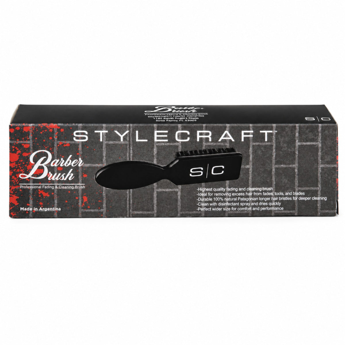 StyleCraft Professional Fade & Cleaning Barber Brush SCBFB retail packaging