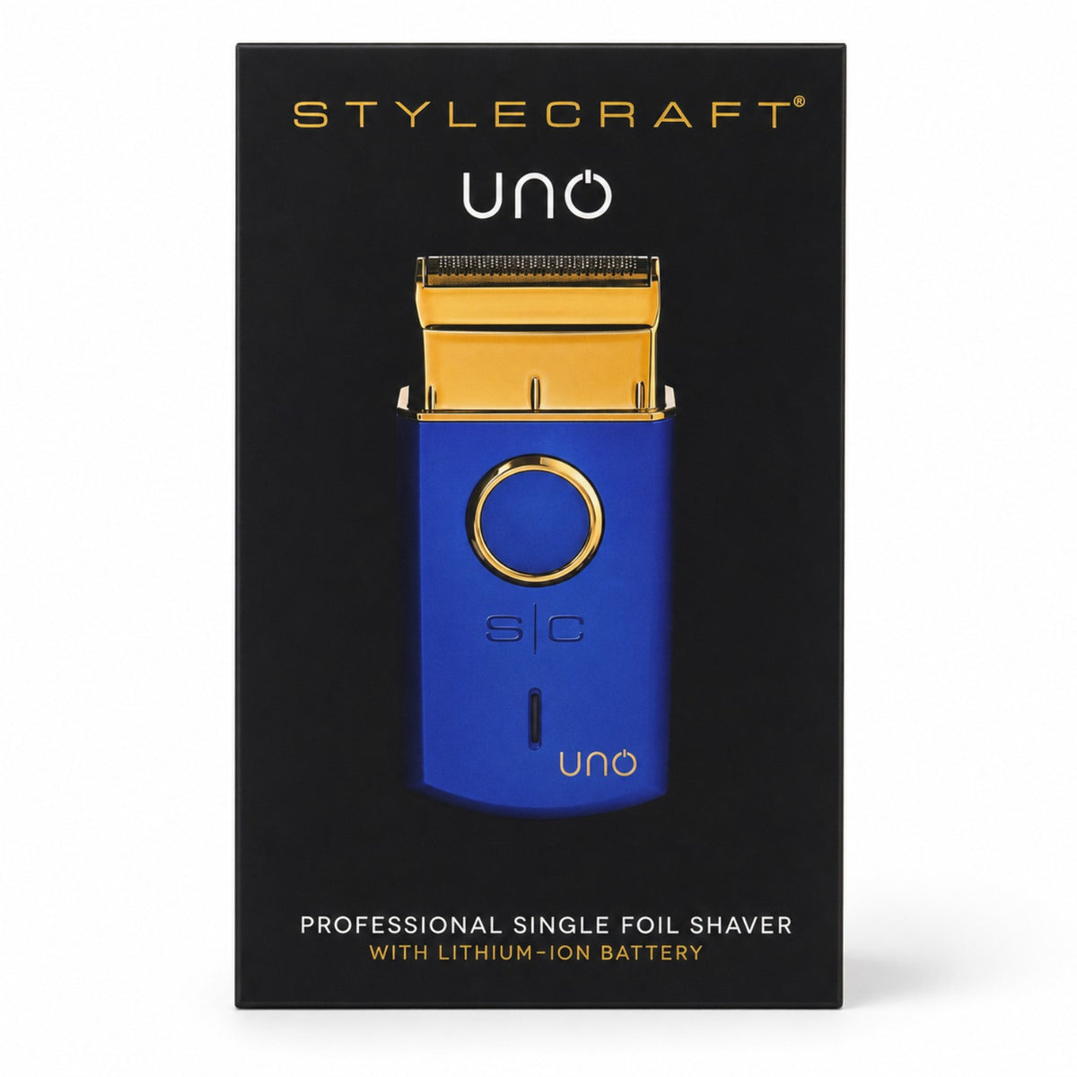 StyleCraft Uno Professional Single Foil Shaver in blue with gold titanium foil retail box