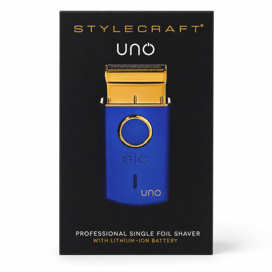 StyleCraft Uno Professional Single Foil Shaver in blue with gold titanium foil retail box