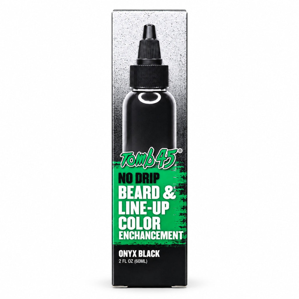 Tomb45 No Drip Beard & Line-Up Color Enhancement Onyx Black 2 fl oz bottle displayed with retail carton