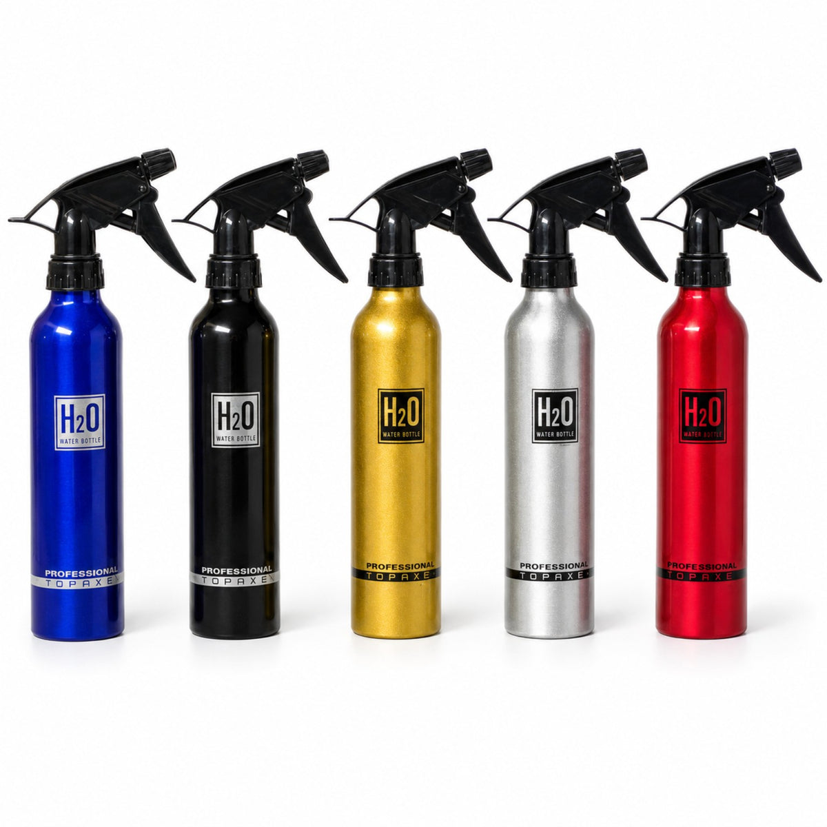 Topaxe Professional aluminum barber spray bottle in blue, black, gold, silver and red