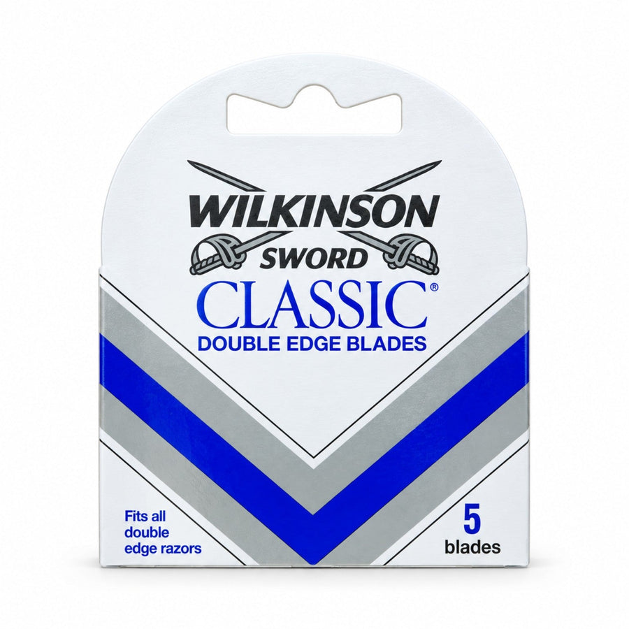 Wilkinson Sword Classic 5-blade retail pack shown; bulk offer includes 10 such packs, 50 double-edge blades total