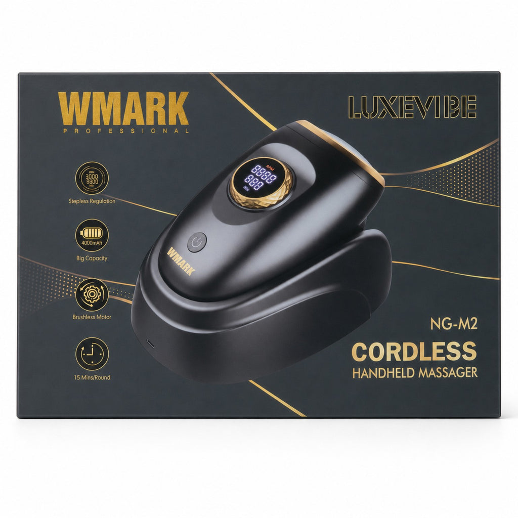 WMARK Luxievibe NG-M2 cordless handheld massager retail box showing 4000mAh battery and brushless motor features