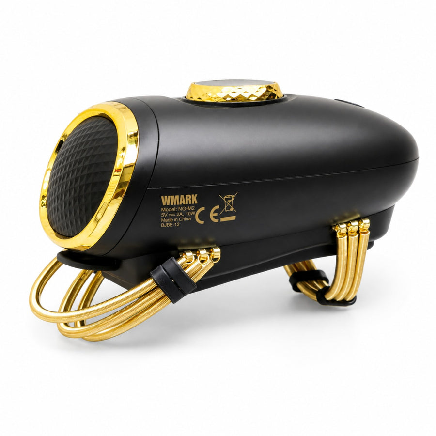 WMARK NG-M2 cordless handheld massager in black and gold with flexible coil straps
